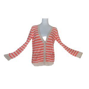 J. Crew Sweater Cardigan Women's Small Orange Cream Striped Long Sleeve Cotton